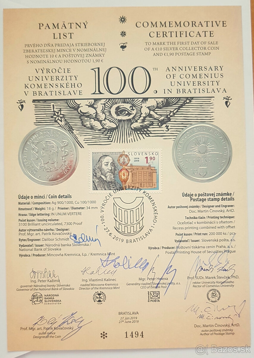 Pamätný list 10 € Univerzita Komenského so 6 orig. podpismi