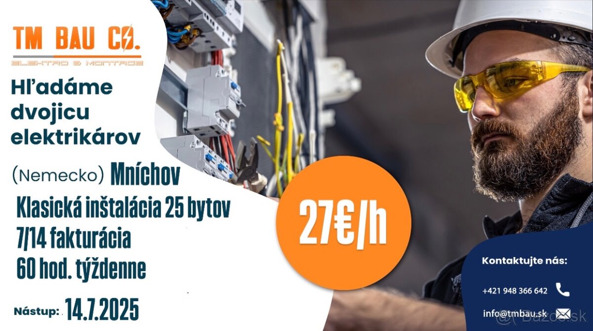 Hľadáme dvojicu elektrikárov Nemecko (Mníchov)