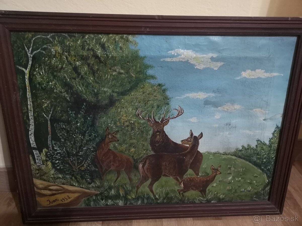 Predám: Obraz Jelene v lese (olejomaľba, signovaný 1958) Na