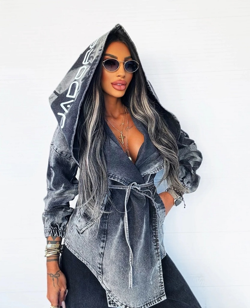 Moderny damsky sedy denim kabat s kapucnou NOVY