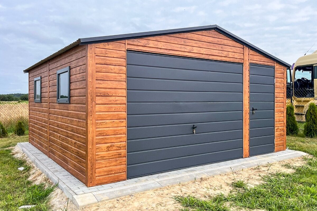Plechová garáž 5x5 sedlová strecha, výklopná brána, 2x okno