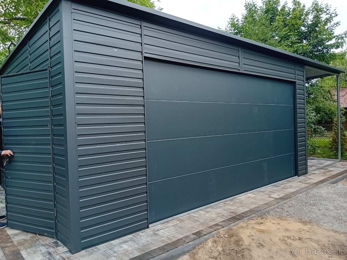Plechová garáž 5,8 × 6 m + bočný prístrešok 2,5 m | SPG_0004
