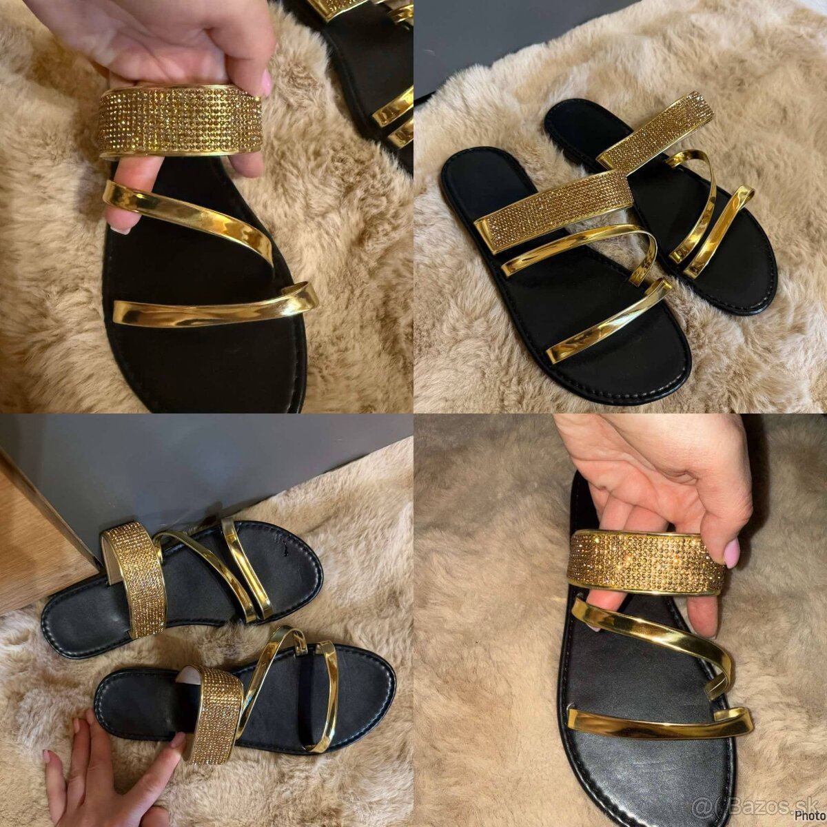 gold crystal stylove nove letne damske sandalky-slapky