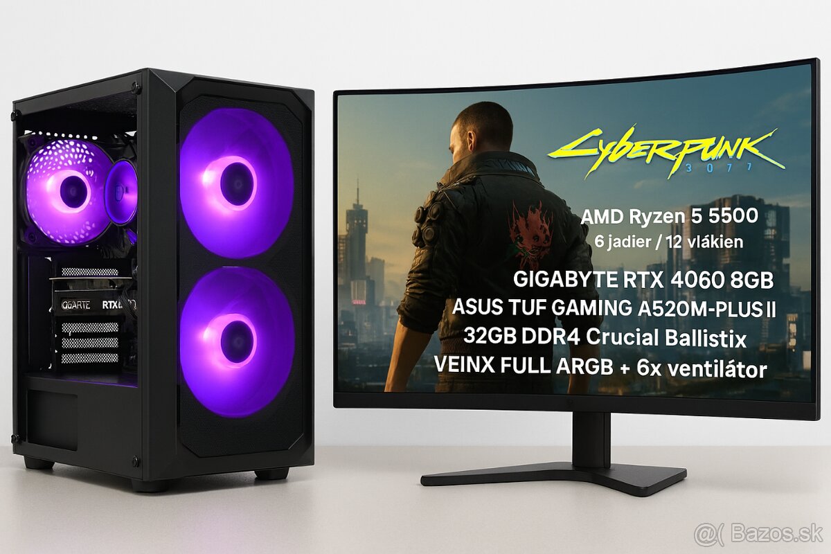 Herný výkonný PC–RTX 4060+Ryzen5 5500+32GB RAM+NVMe+2X SSD