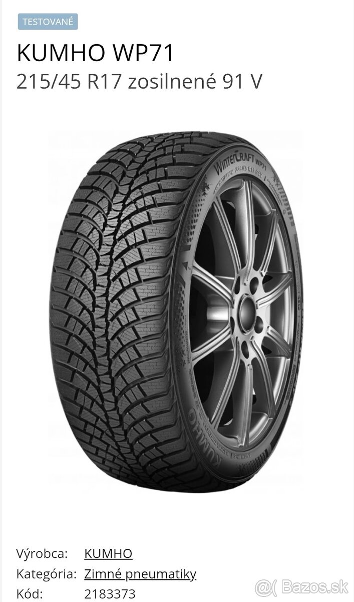 Nové pneumatiky 4 ks Kumho WP71 XL 215/45 r17 91V