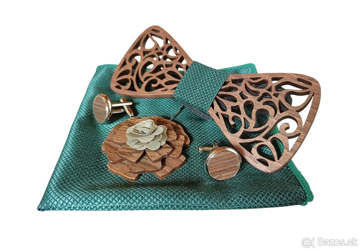 Smaragdový drevený motýlik - set s brošňou
