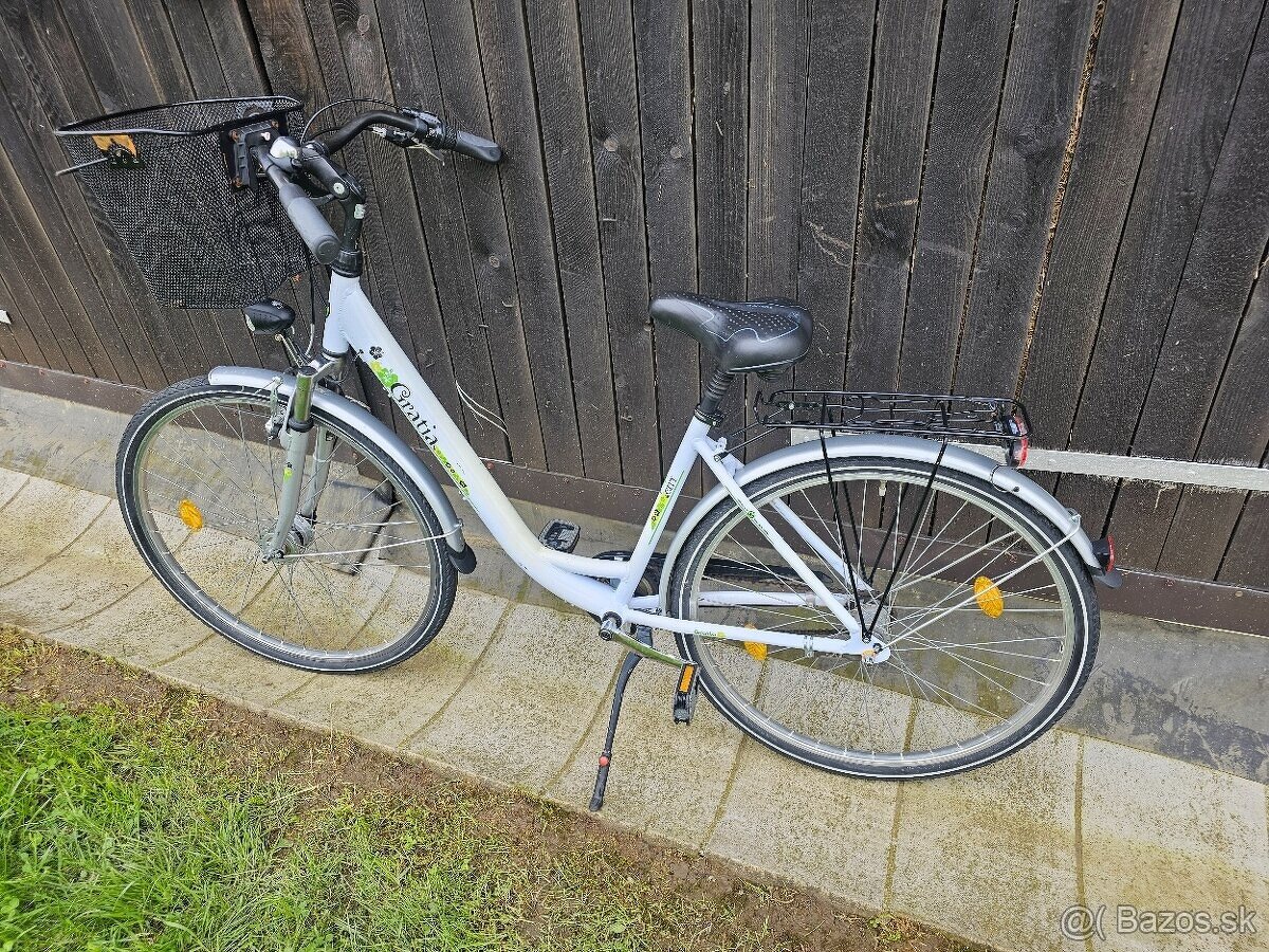 KRASNY DAMSKY BICYKEL s LED SVETLAMI, KOSIKOM a ZVONCEKOM