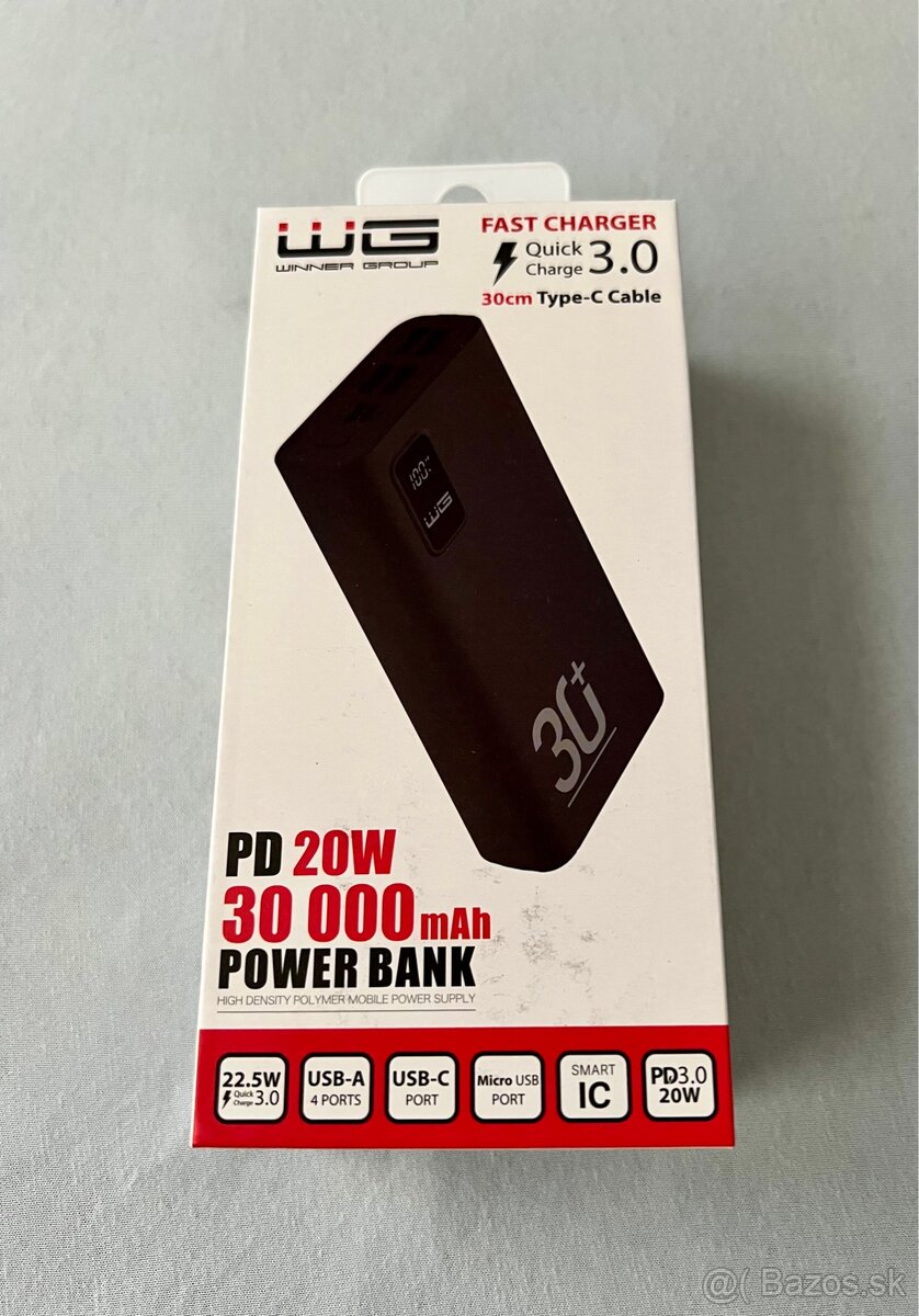 WG Fast Charger 3.0 – 30000 mAh power bank, nový, zapečatený