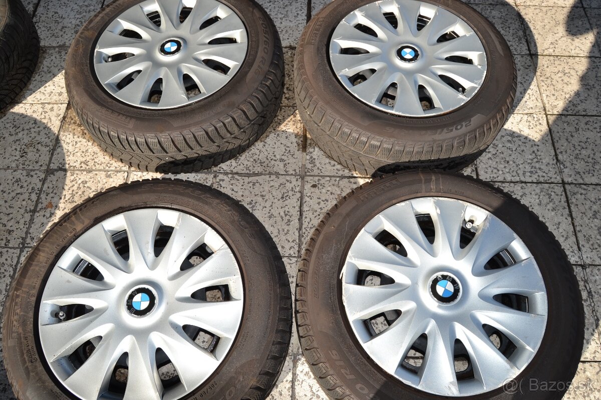 Plechové disky R16 a zimné gumy 205/60 R16 a puklice BMW