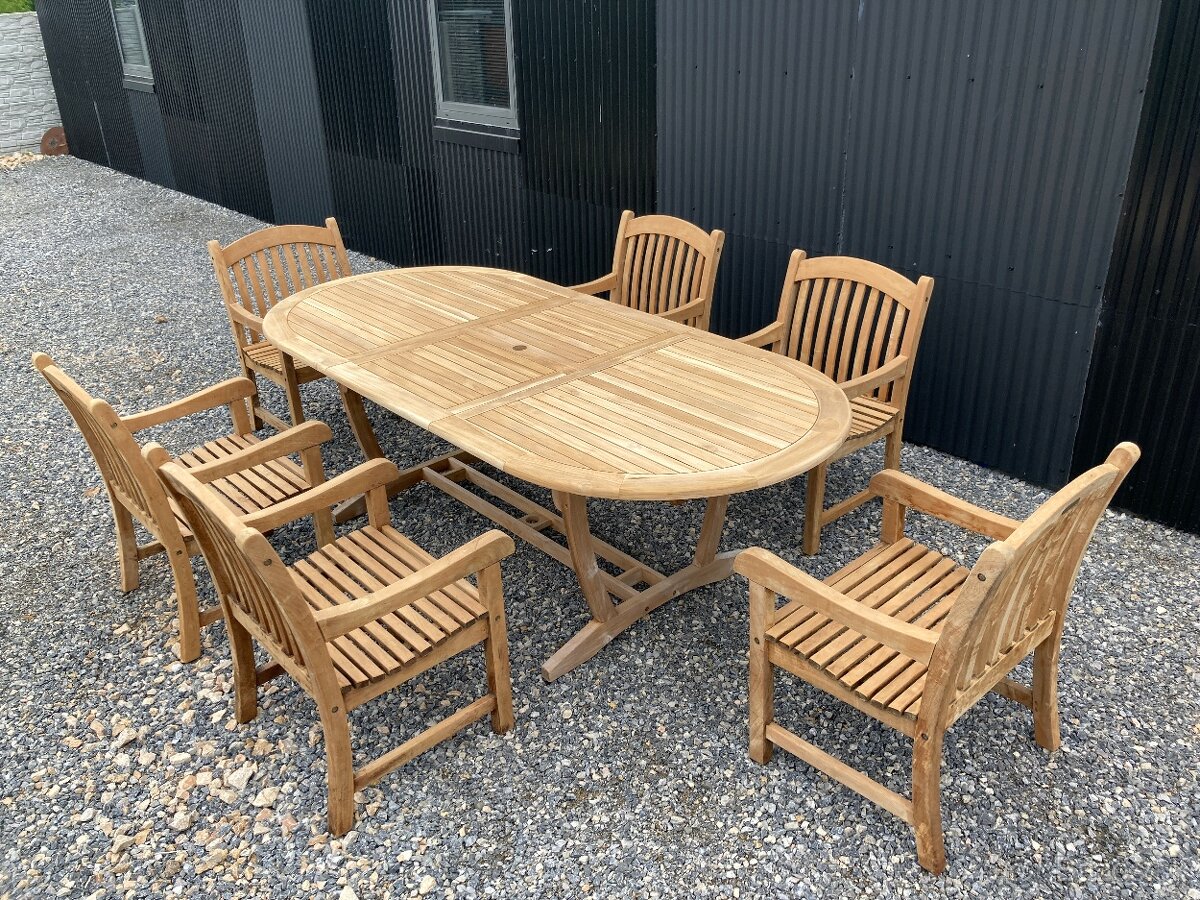 TEAK - XXL Set - Velky roztah.stol a 6 pevnych kresiel