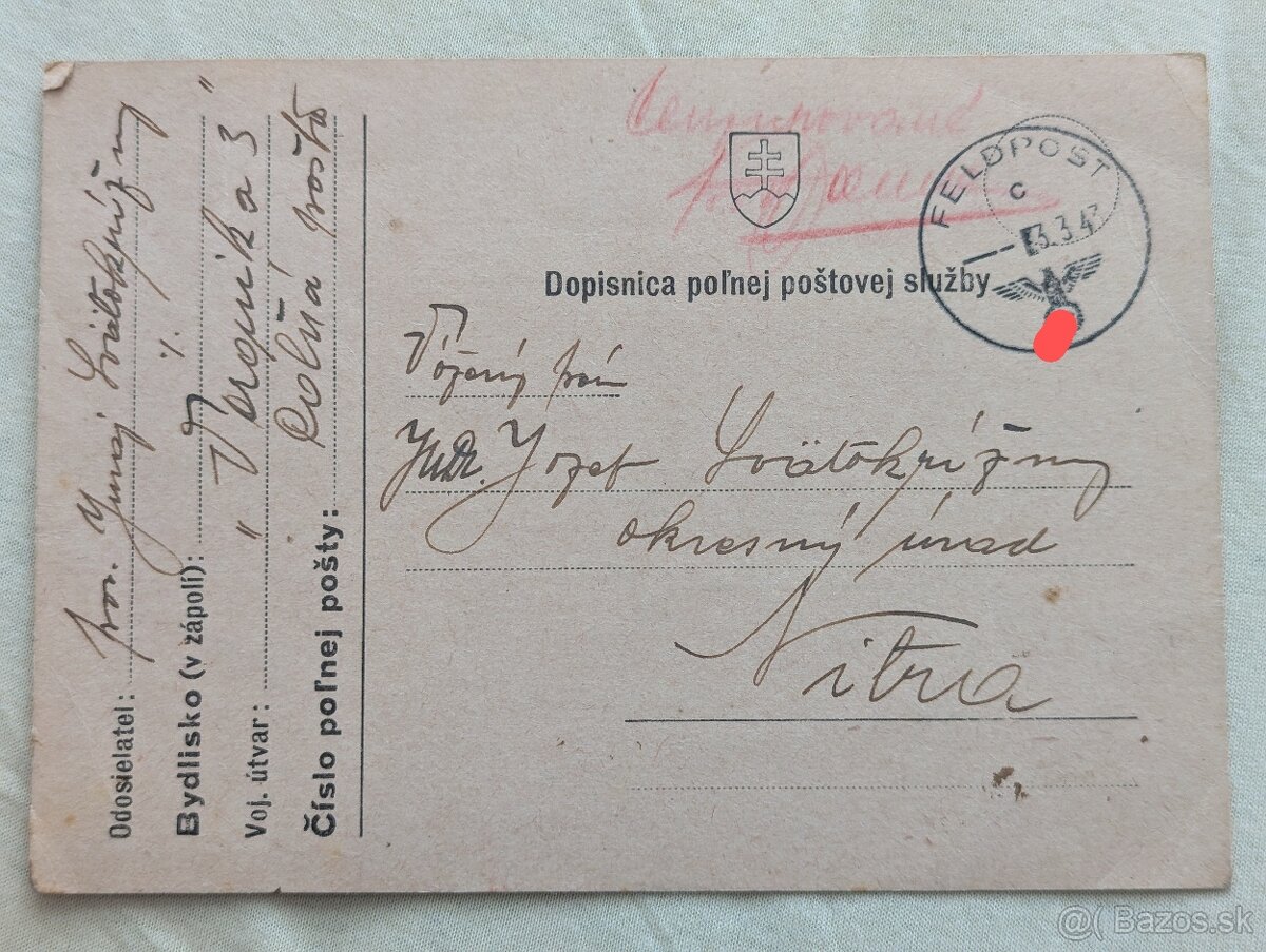 Slovenský štát dopisnica pošta z frontu