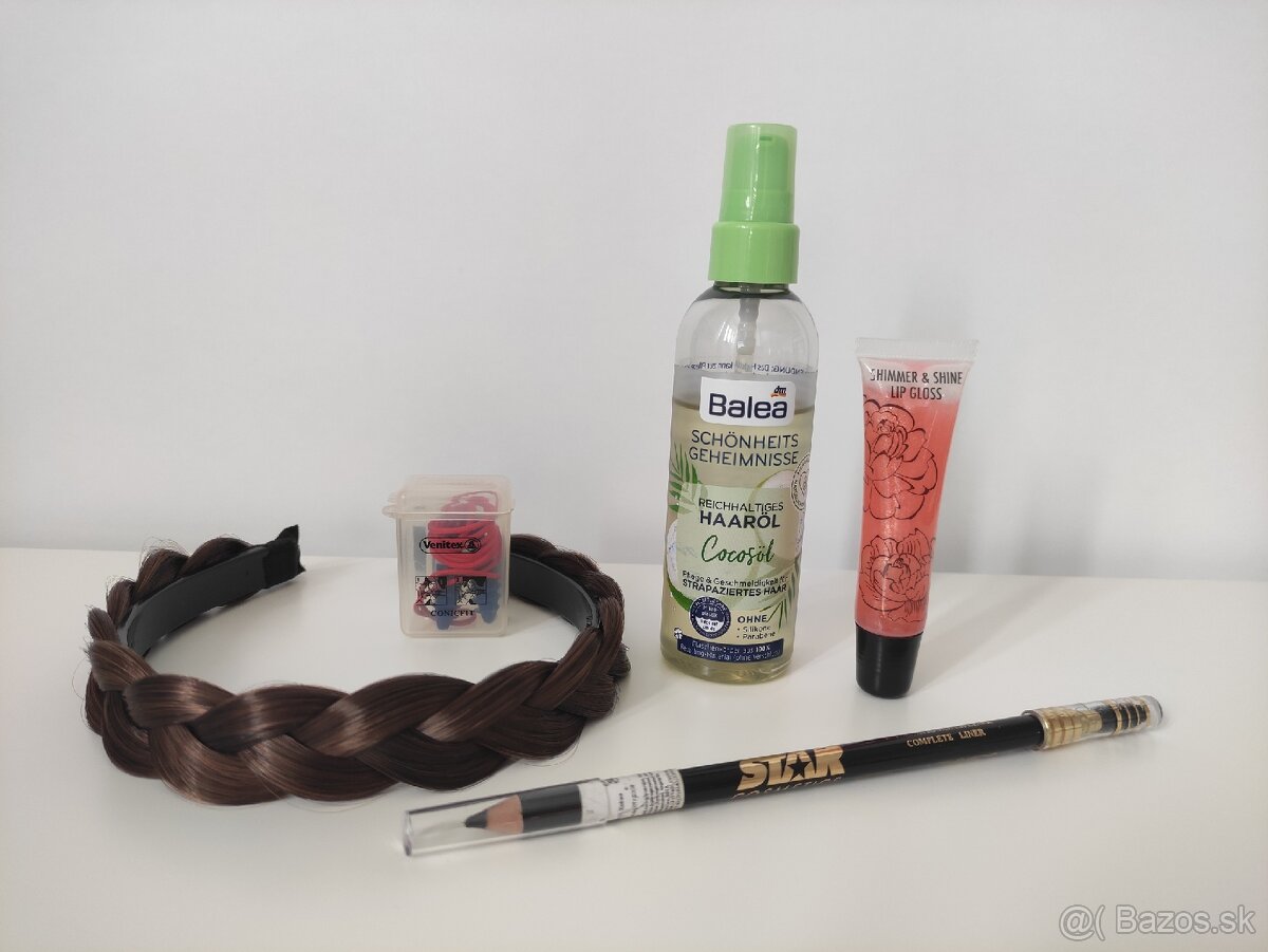 Kozmetika - olej na vlasy, lesk na pery, ceruzka na oči