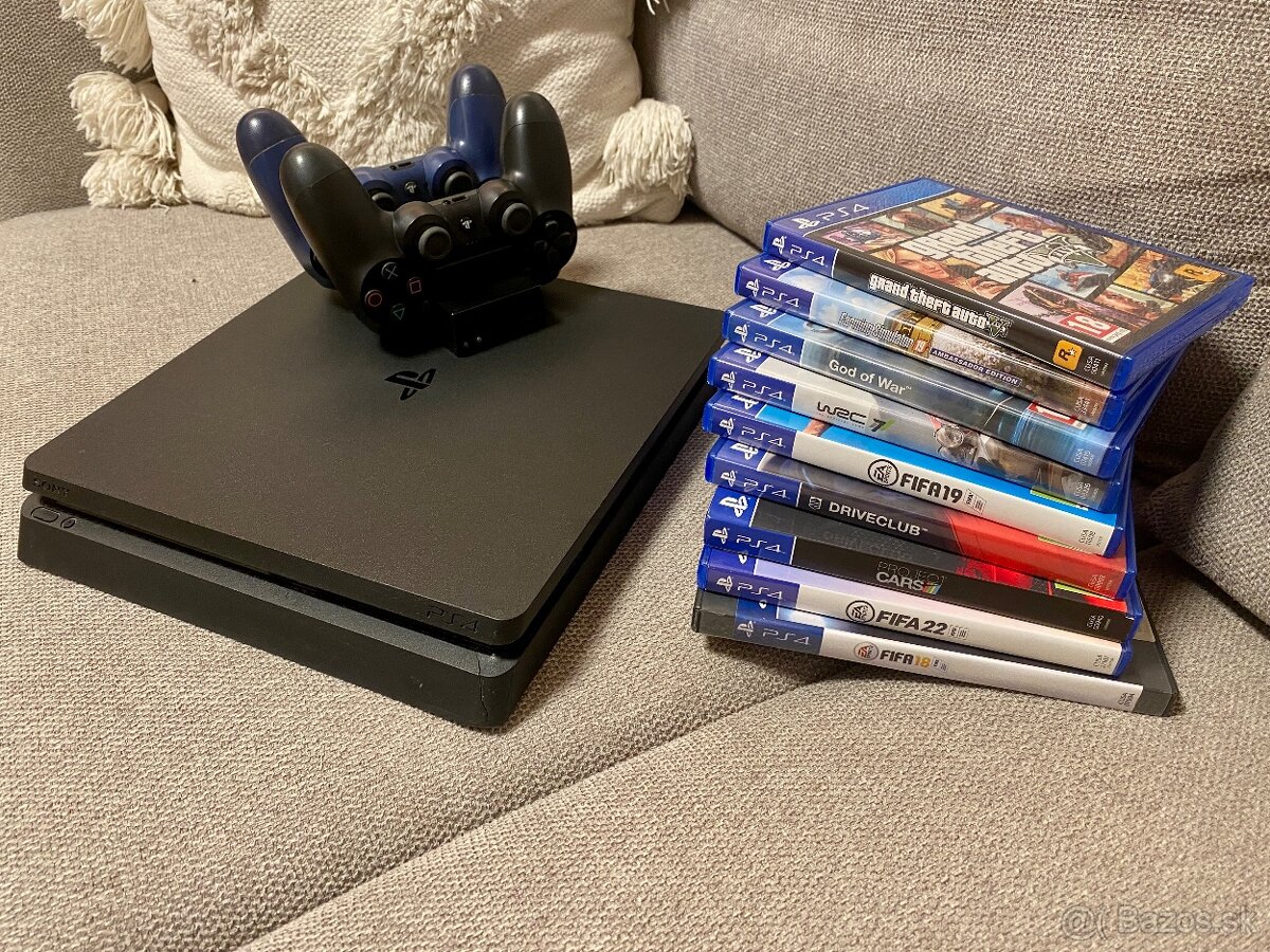 Playstation 4 Slim + 2x ovládač + 9x hry