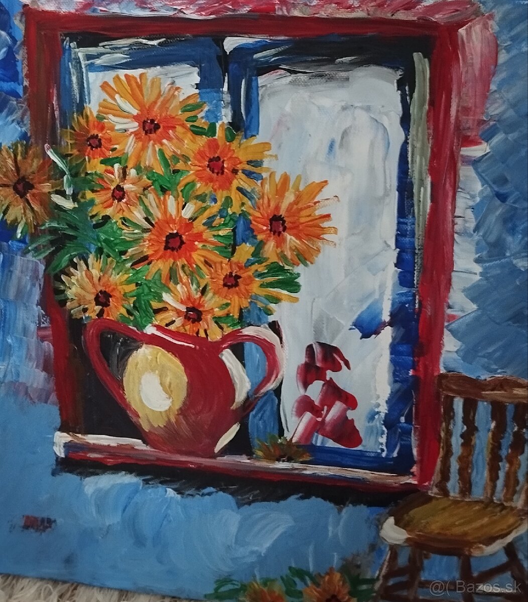 Slnečnice v okne - Originálny ručne maľovaný obraz