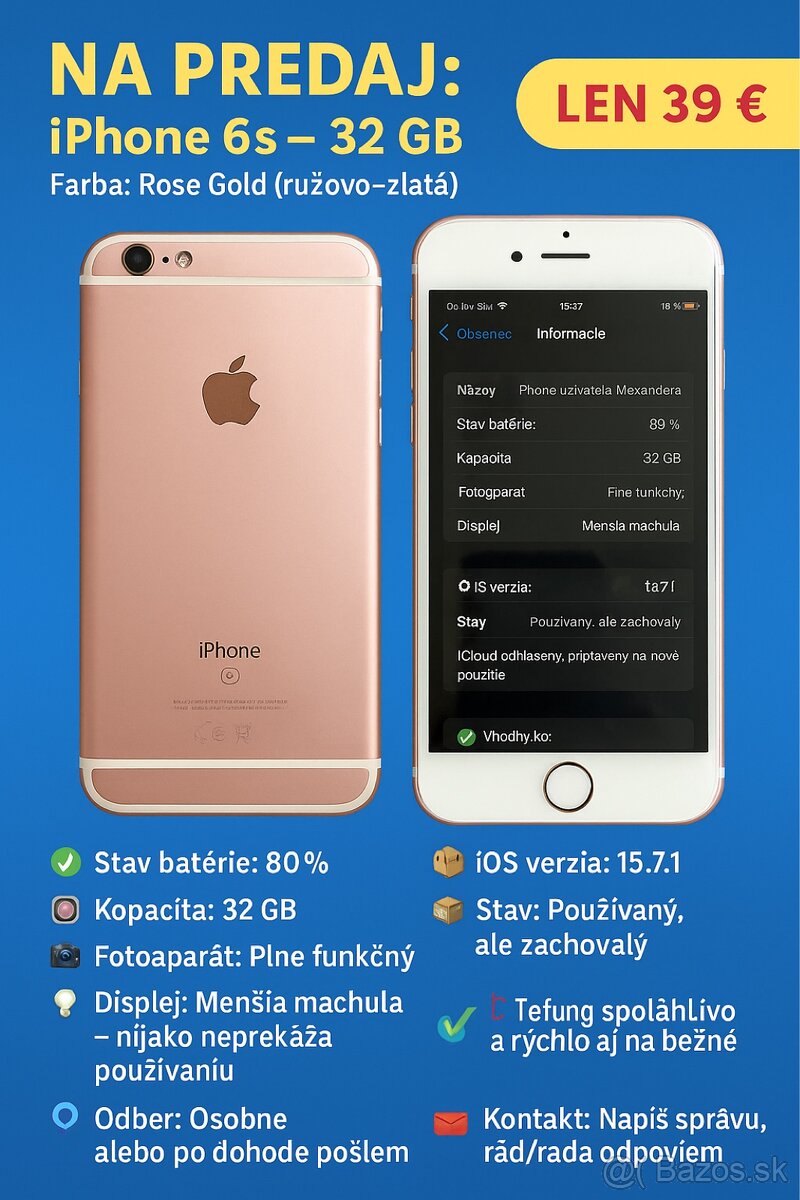 Predám iPhone 6s – 32 GB, Rose Gold (ružovo-zlatý)