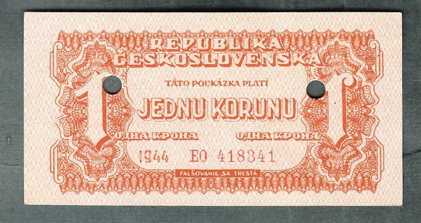 Staré bankovky 1 koruna 1944 VZÁCNÁ perforace, bezvadný stav