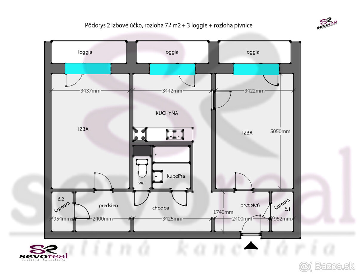 Priestranný 2i byt BB / 72 m2 + 3 loggie / Sásová