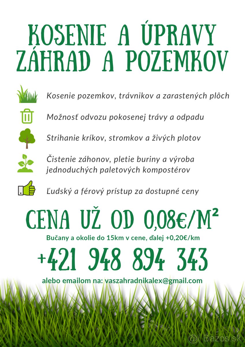 Ponúkam kosenie a úpravy záhrad a pozemkov