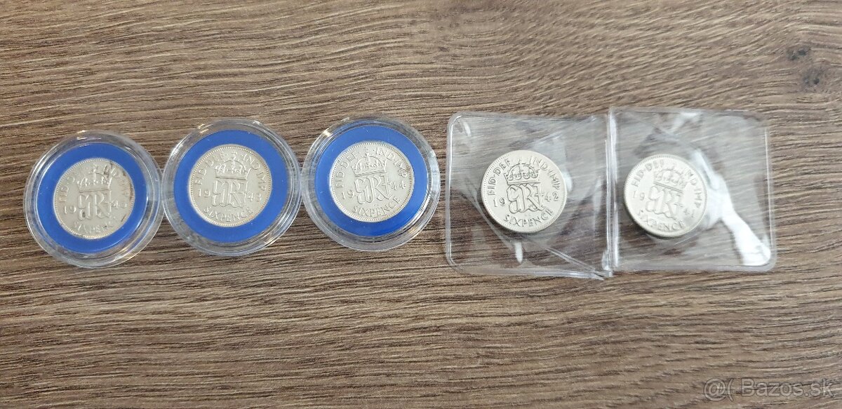 British Six Pence 5-strieborných, 15 cupro-nickel