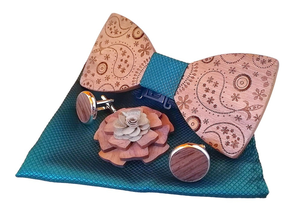 Ornamentový drevený motýlik - set s brošňou