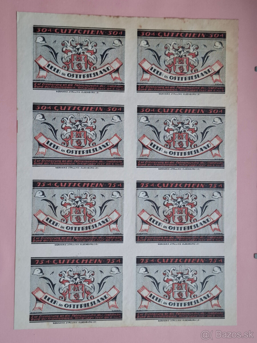 Bankovky, notgeld, nerozstrihnuty arch, Mesto Leer 1921