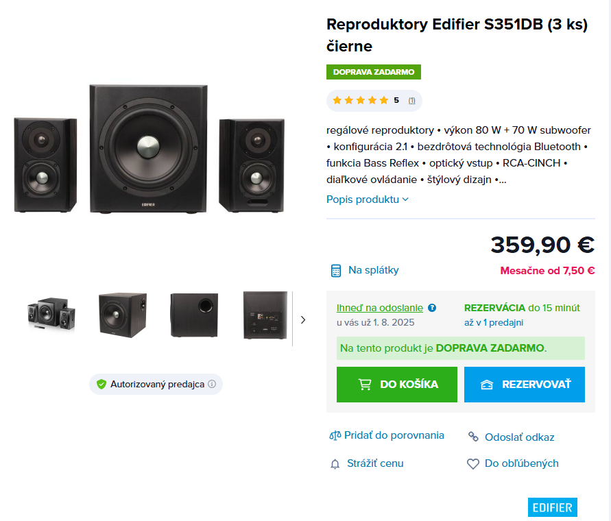 PC/TV Reproduktory Edifier S351DB čierne 10 mesiacov ZÁRUKA