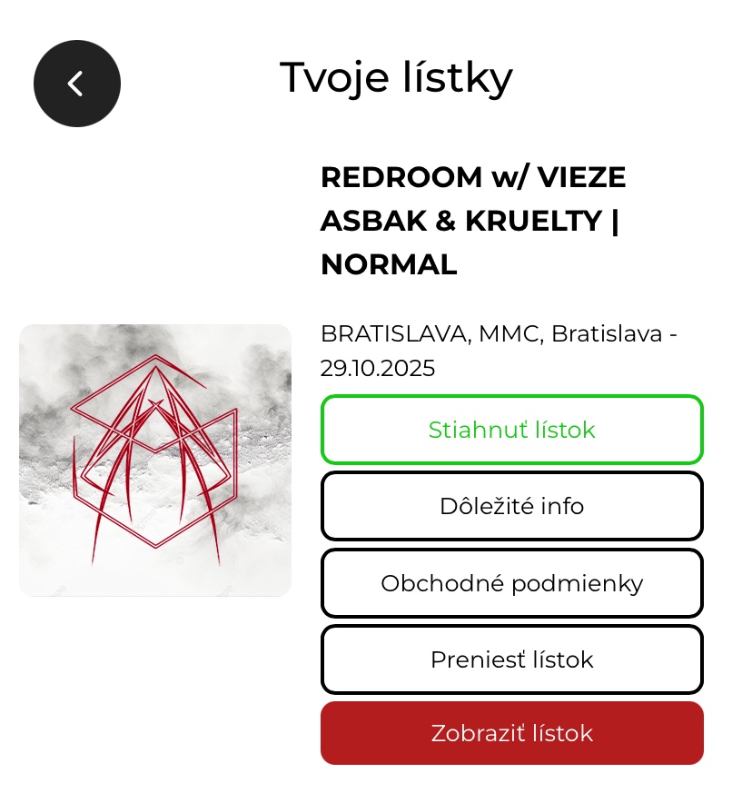 Predám lístok na redroom vieze asbak/kruelty 29.10.2025