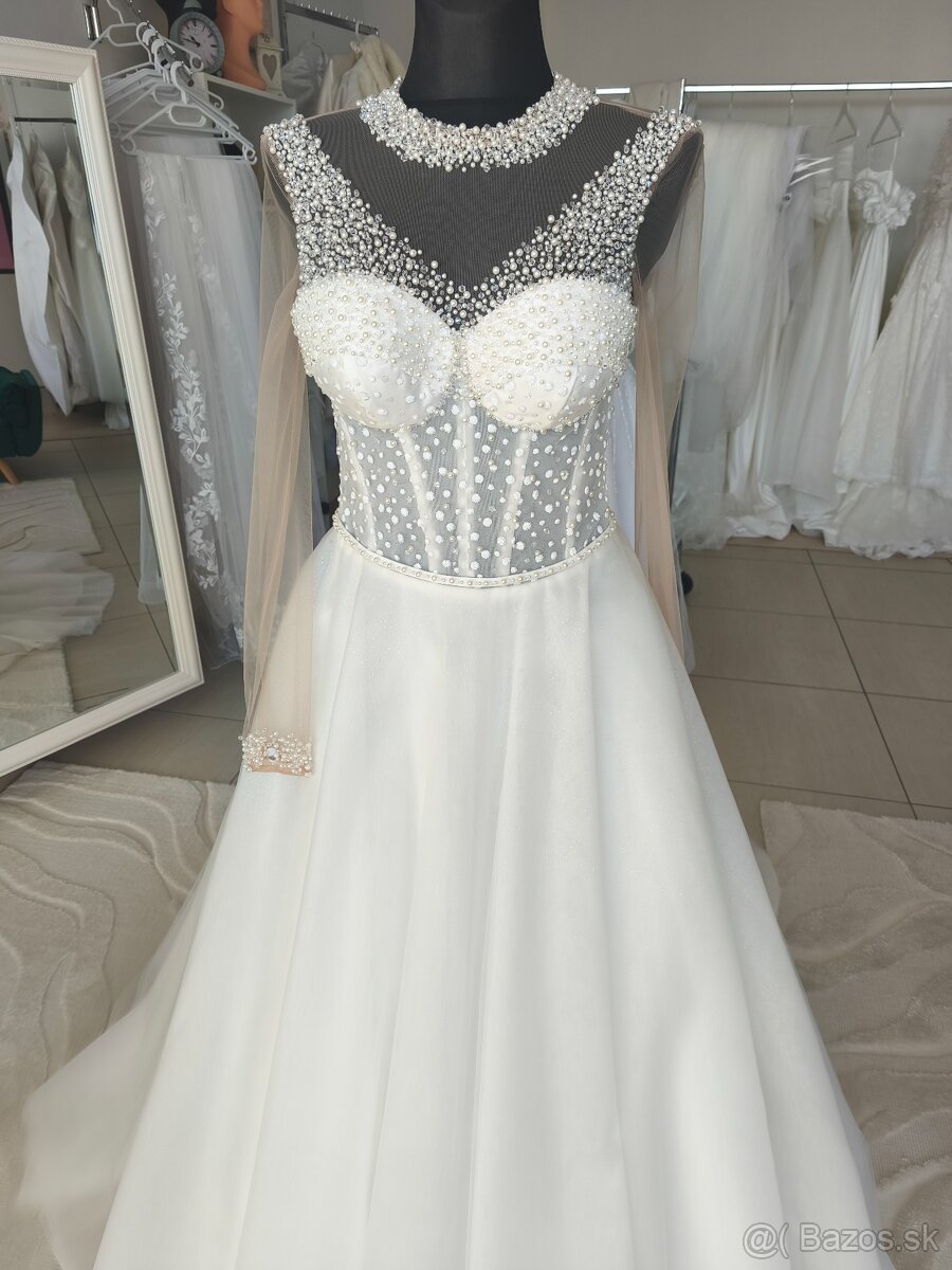 Predám perličkove svadobné šaty s jemné trblietavou sukÚPLNE