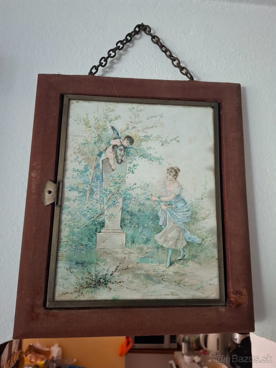 Predám starožitné toaletné závesné zrkalo s obrázkami 45 €