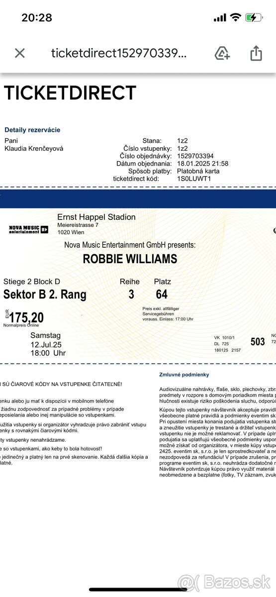 Predám 2 lístky na koncert Robbieho Williamsa