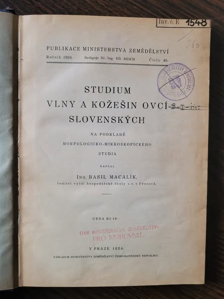 Štúdium vlny a kožušín slovenských oviec 1924