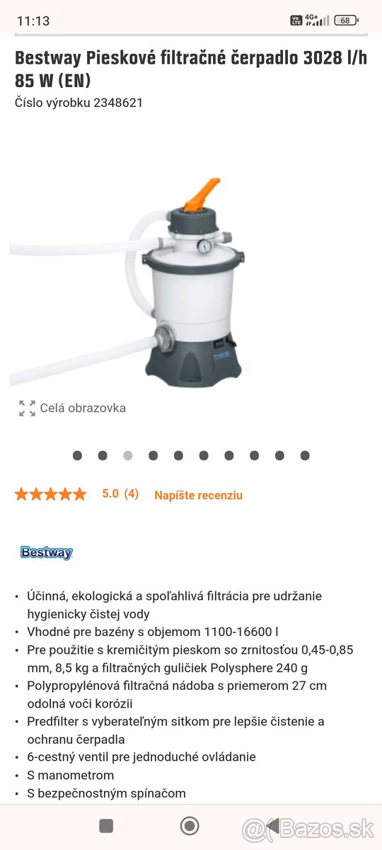 Piesková filtrácia Bestway