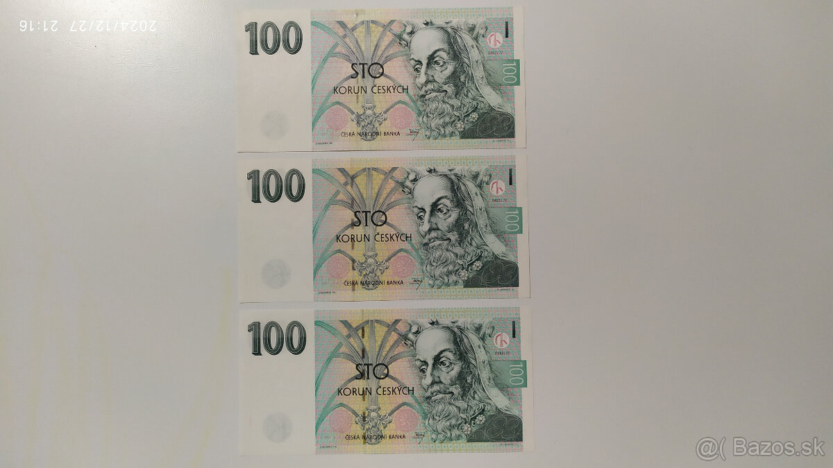 České bankovky 100Kčs 1997 UNC s. F, G a H