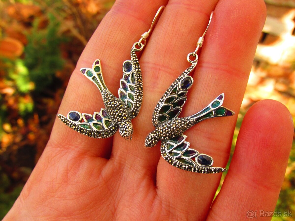 Strieborné náušnice osádzané markazitmi a smaltom, Ag 925