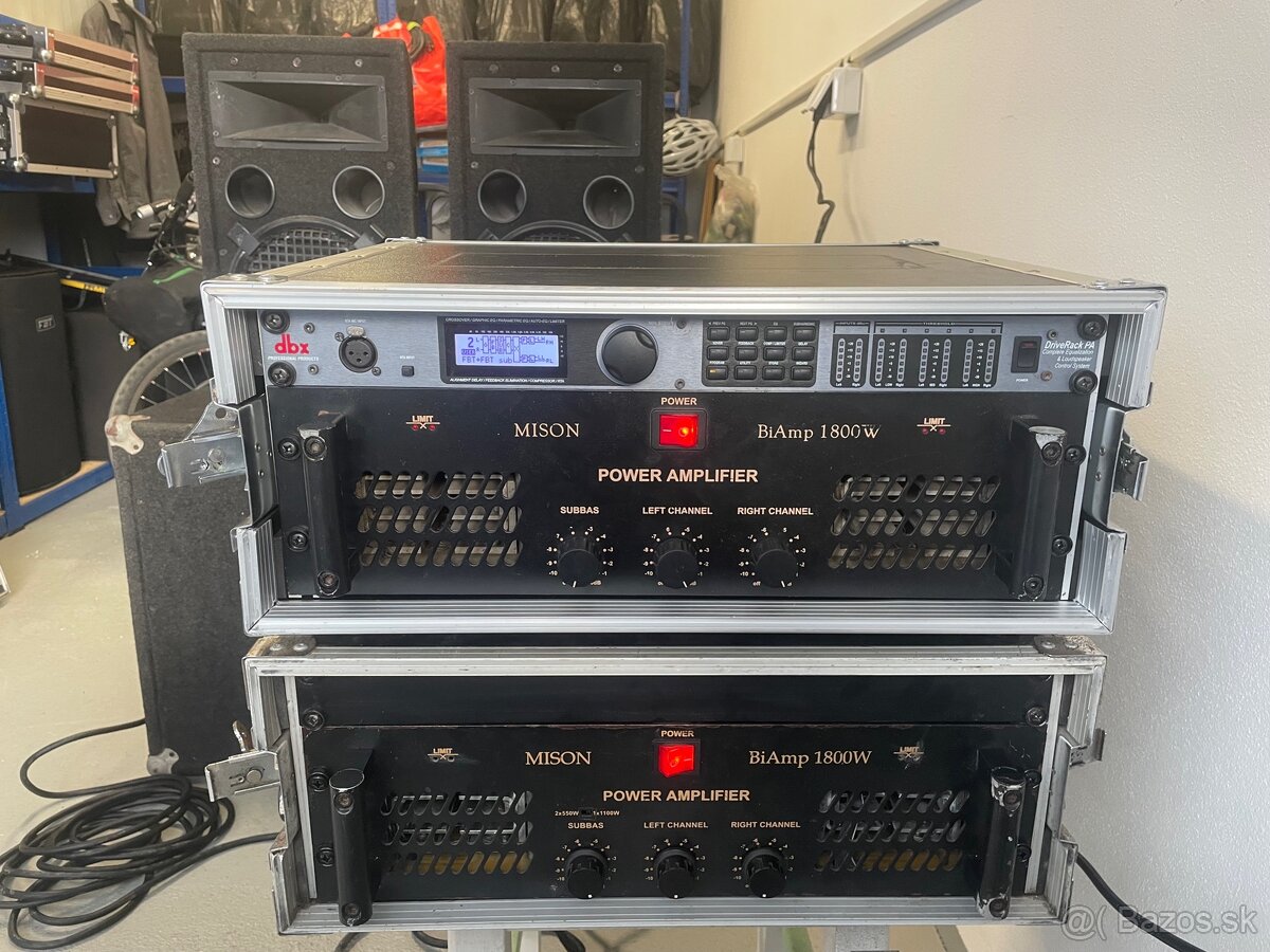 2x satelit 1x subbas, zosilňovače, DBX, Rack