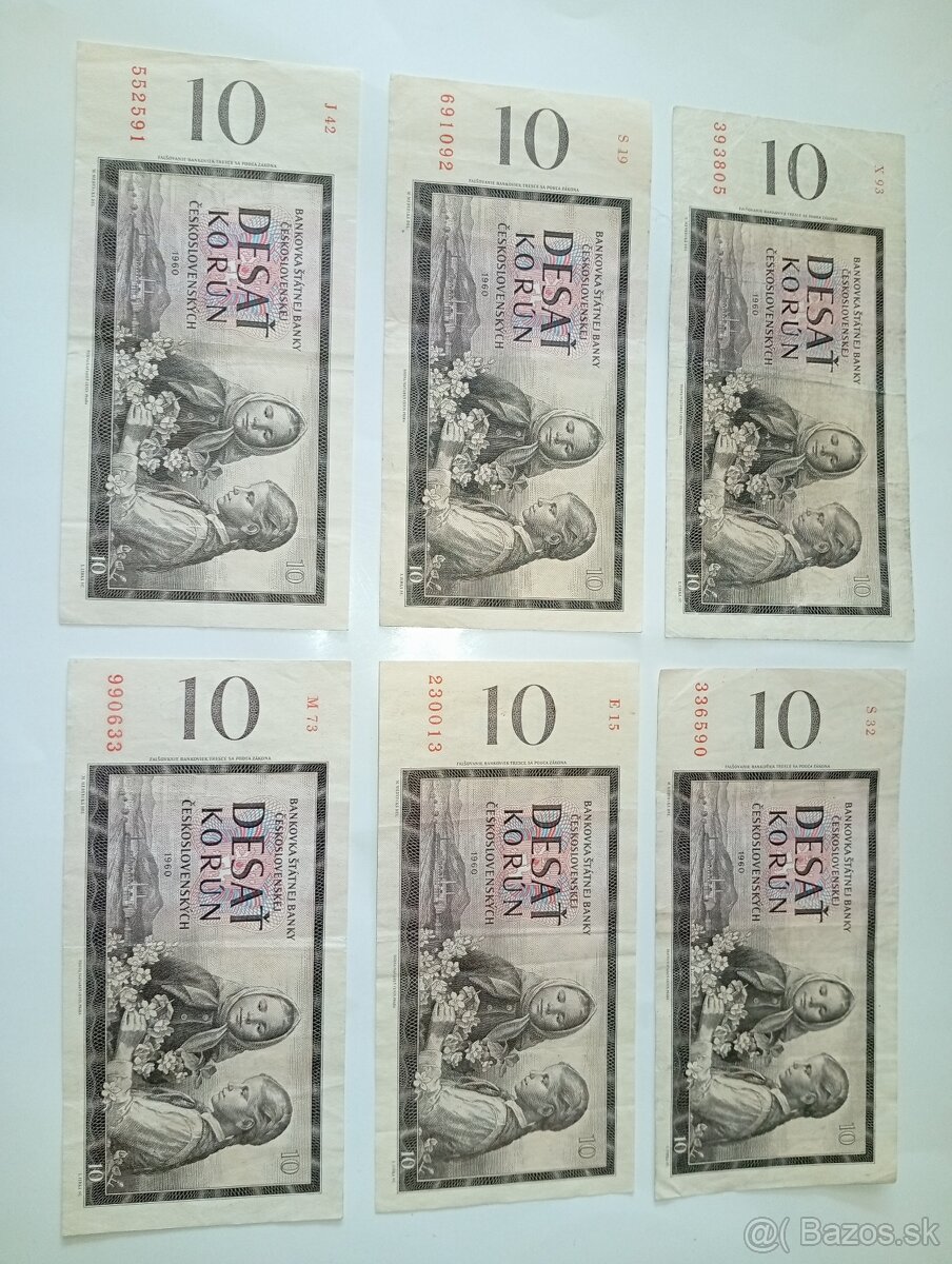 BANKOVKY 10 KČS 1960, 5 RŮZNÝCH SÉRIÍ, PĚKNÉ STAVY