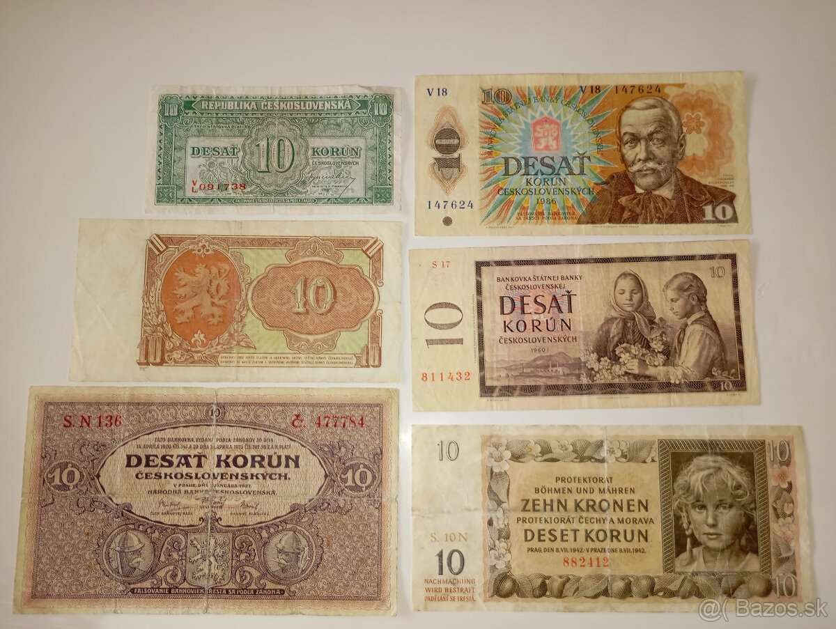BANKOVKY 10 KČS, 6 RŮZNÝCH EMISÍ, VŠE NEPERFOROVANÉ
