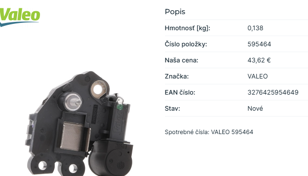 Napäťový regulátor VALEO 595464 pre BMW AUDI