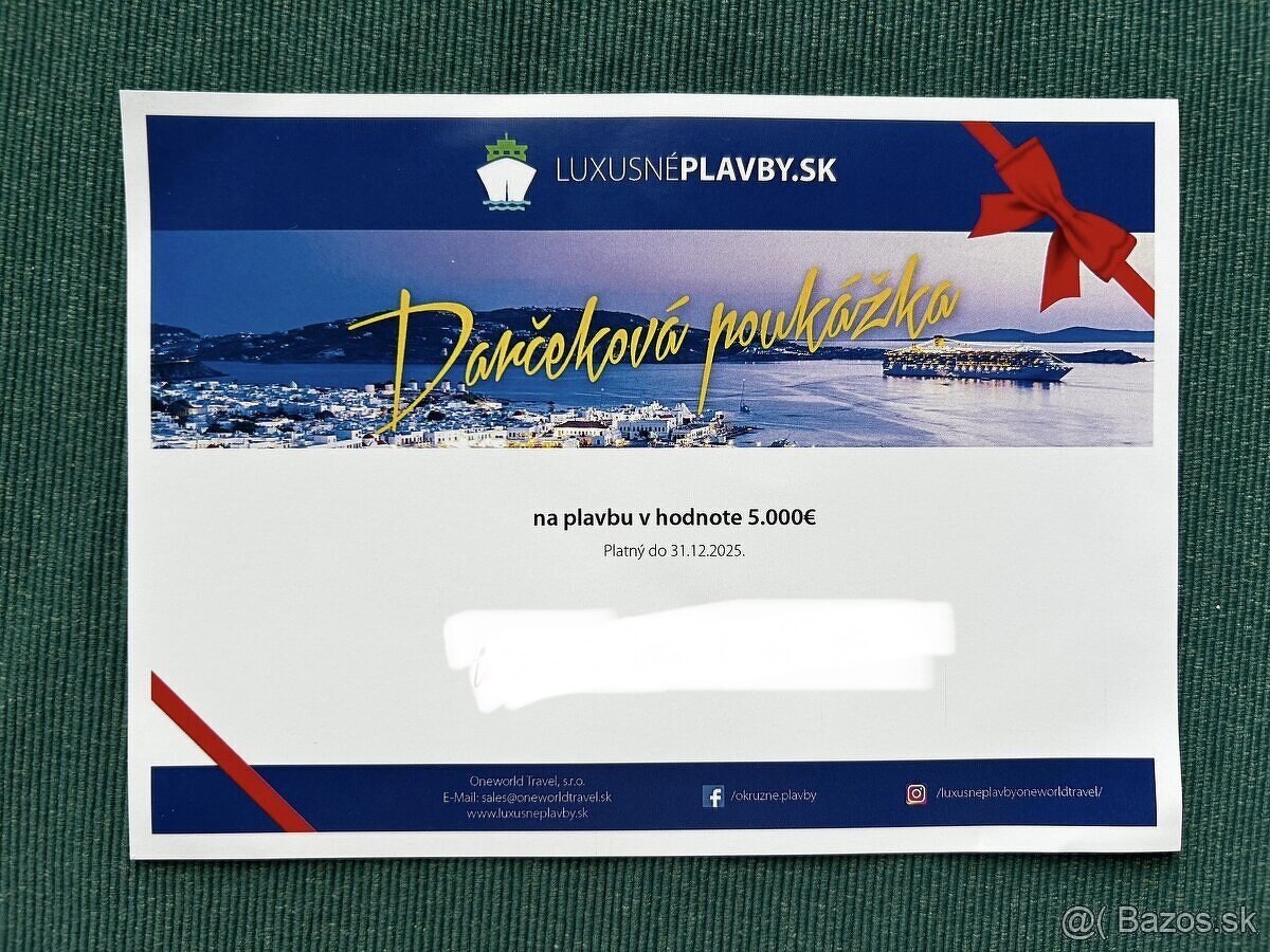 Poukaz 5000€ na výletnú loď LUXUSNÉPLAVBY