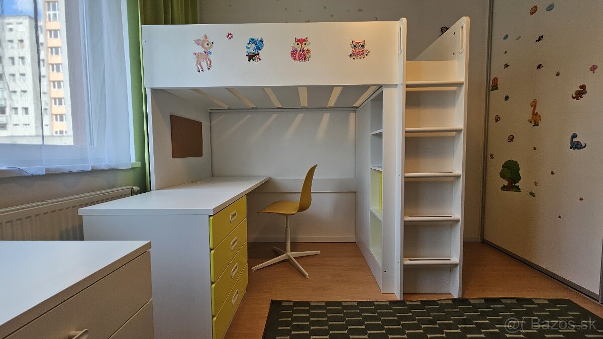 Detska postel Ikea Smastad so stolom a skrinkou (zlta)