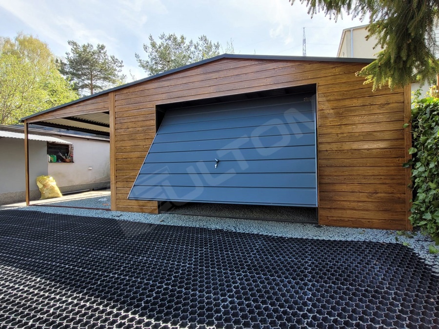 Plechová garáž 5x5m + prístrešok 3x5m + doprava a montáž zda