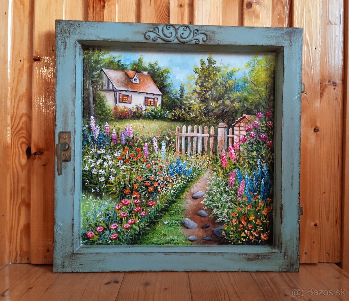 Obraz v starom okne "V záhrade" 55x55 cm
