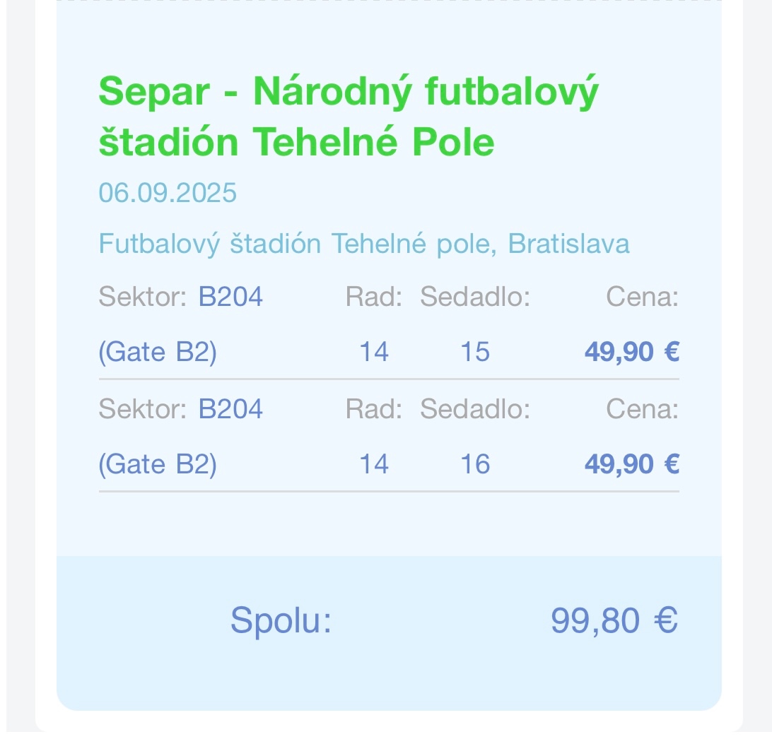 Predám lístky na Separa – Tehelné pole (6.9.2025)