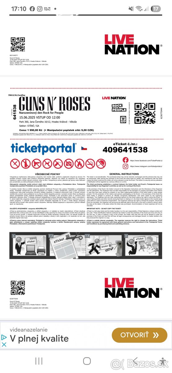 Vstupenku Gunsn Roses