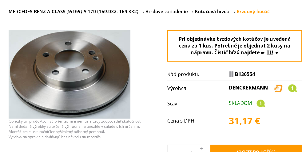 Diely Mercedes A170 predné nove kotúče+doštičky