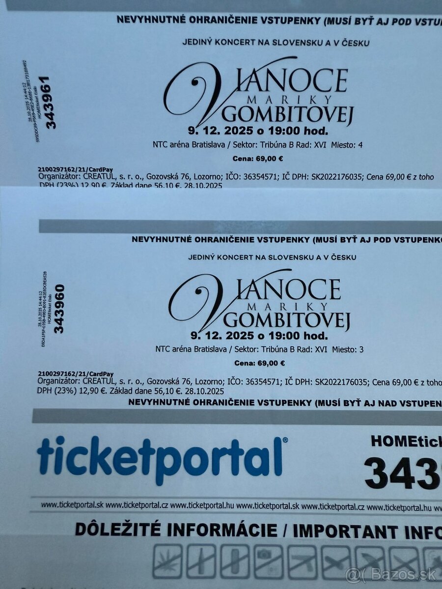 Predám lístky na koncert Mariky Gombitovej