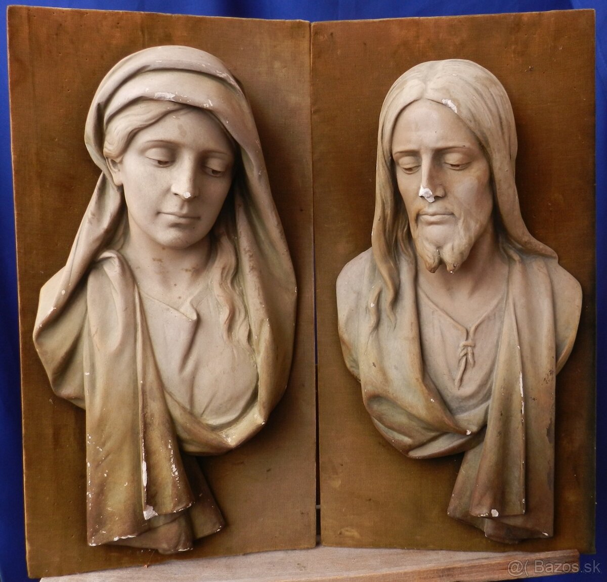 Starožitné párové reliéfy Panna Mária a Ježíš sádra