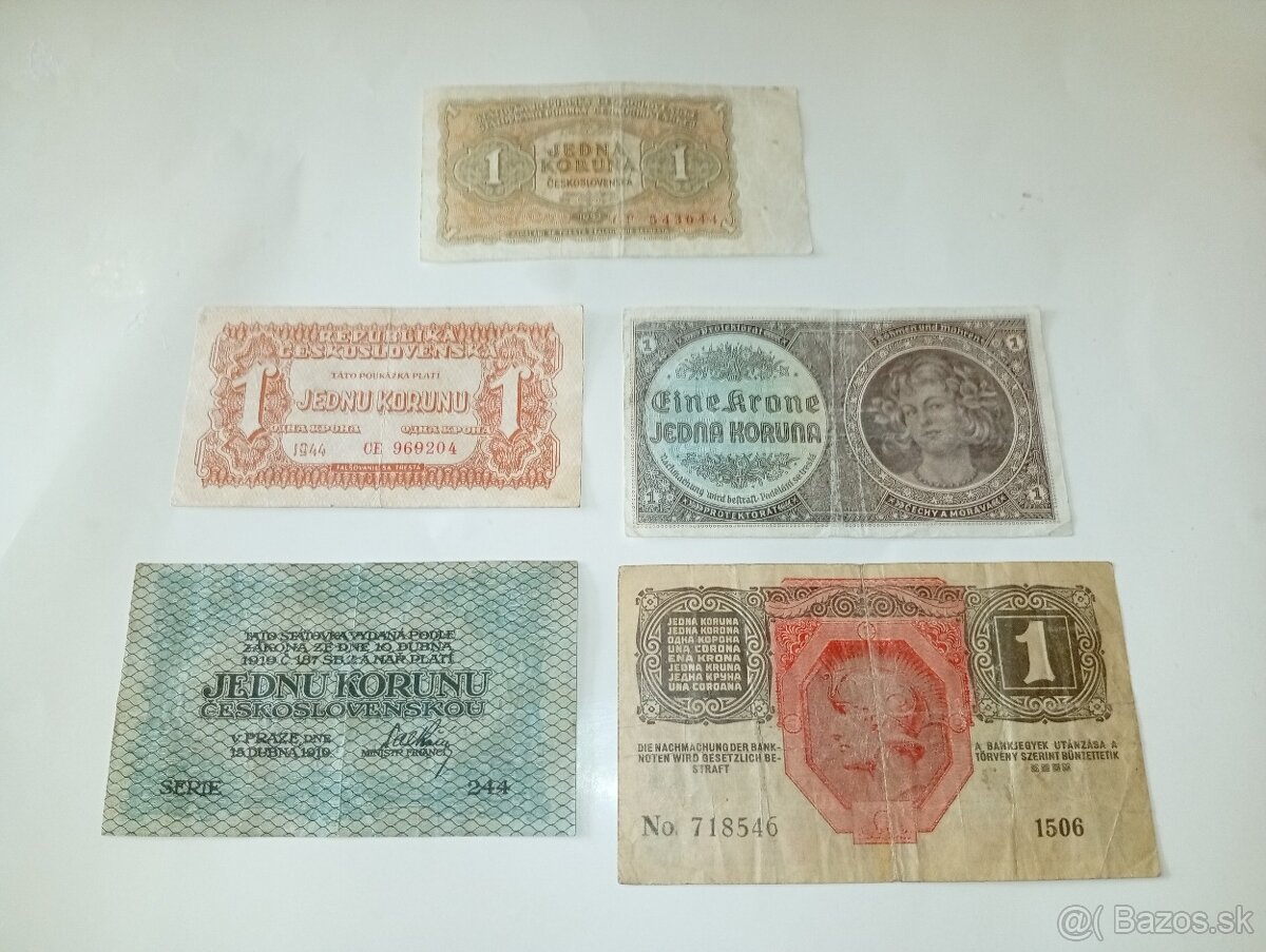BANKOVKY 1 KČS 1915-1953, 5 RŮZNÝCH EMISÍ