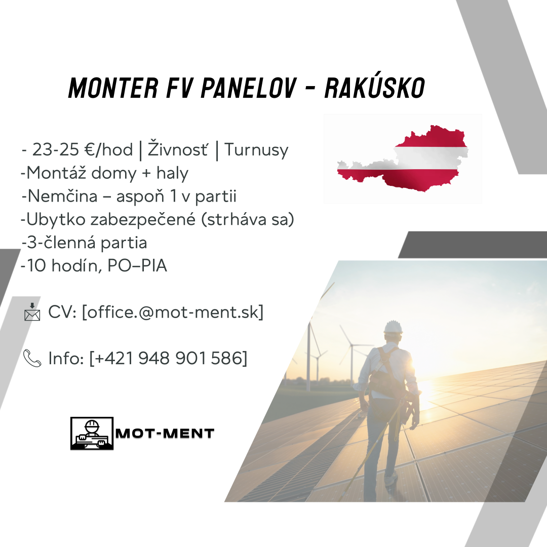 HĽADÁME MONTÉROV FOTOVOLTICKÝCH PANELOV - Mot-Ment s. r. o.