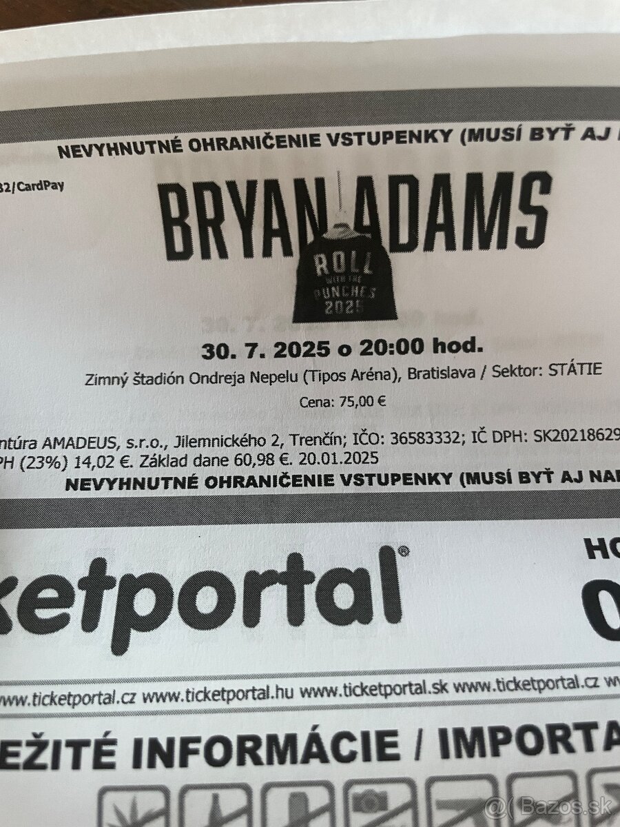 Bryan Adams 2 lístky na stání